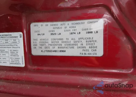 2010 Chevrolet Aveo Lt z USA, uszkodzony, nr VIN KL1TD5DE4AB118960